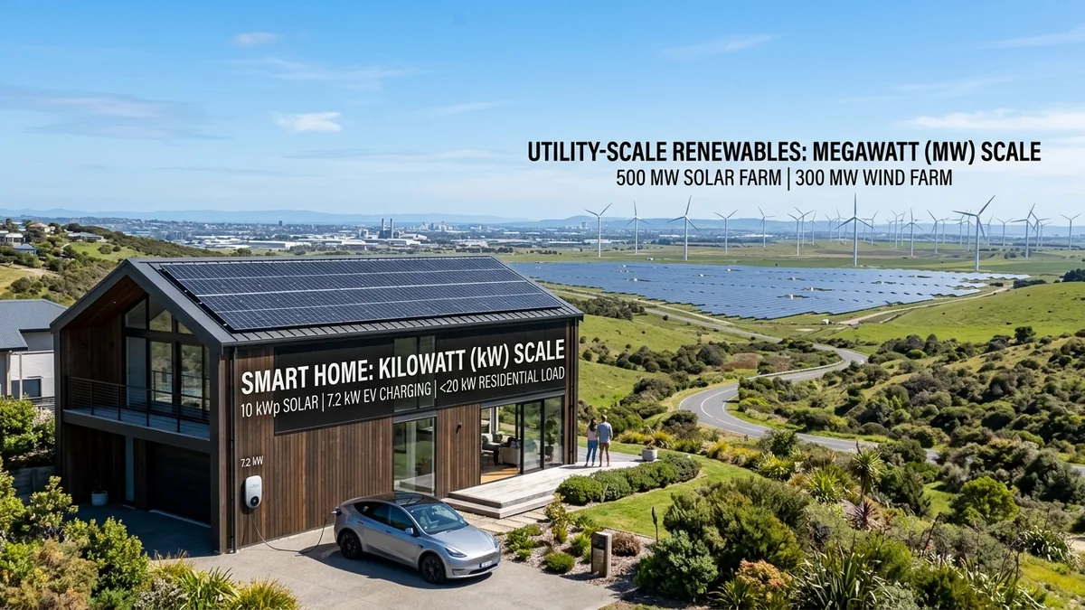Beginner electrical power scale ladder comparing residential appliance power in kilowatts with grid-level generating capacity in megawatts