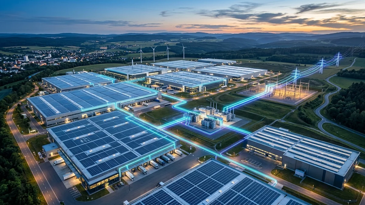 Grid architecture schematic demonstrating kilowatt and megawatt power boundary points between solar string inverters, substations, and industrial grids